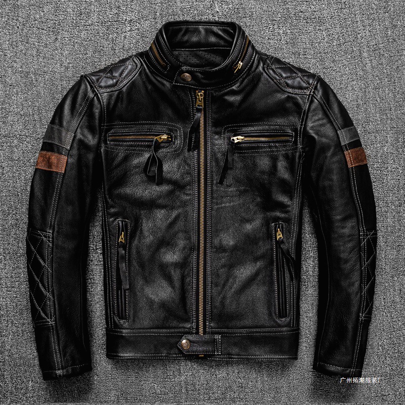 New Trendy Motorcycle Riding Jacket Genuine Leather Men's Stand Collar Top Layer Cowhide Protective Jacket Black