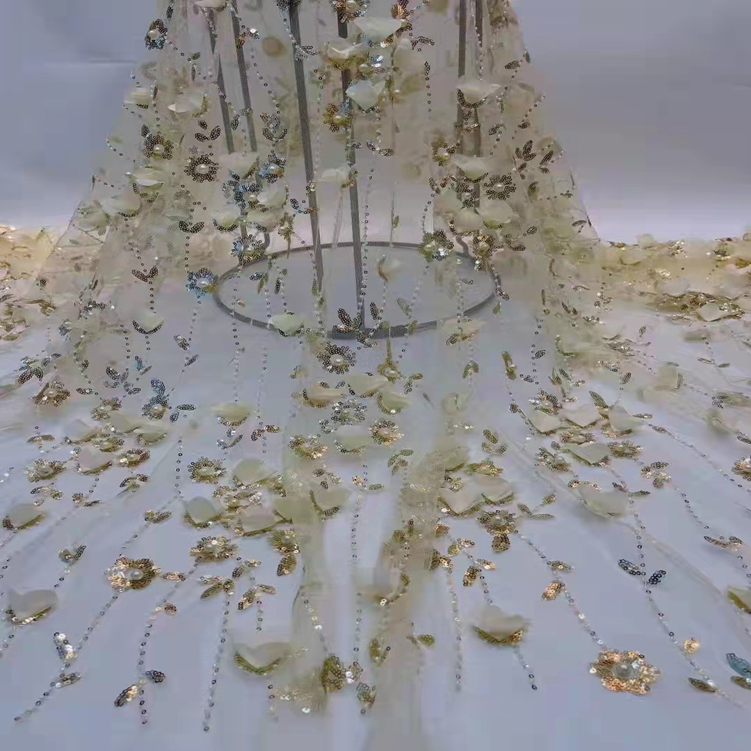 Flor tridimensional lentejuelas granos burbuja perlas vestido de boda encaje tela matrimonio gasa telas JX1913 image 7