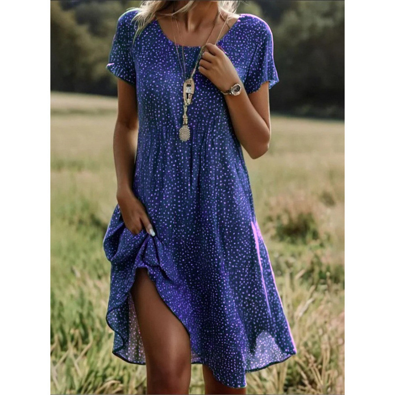 Cross-Border Amazon Aliexpress Independent Station Summer Hot Sale Artistic Ethnic Style Large Round Neck Mid-Length Dress