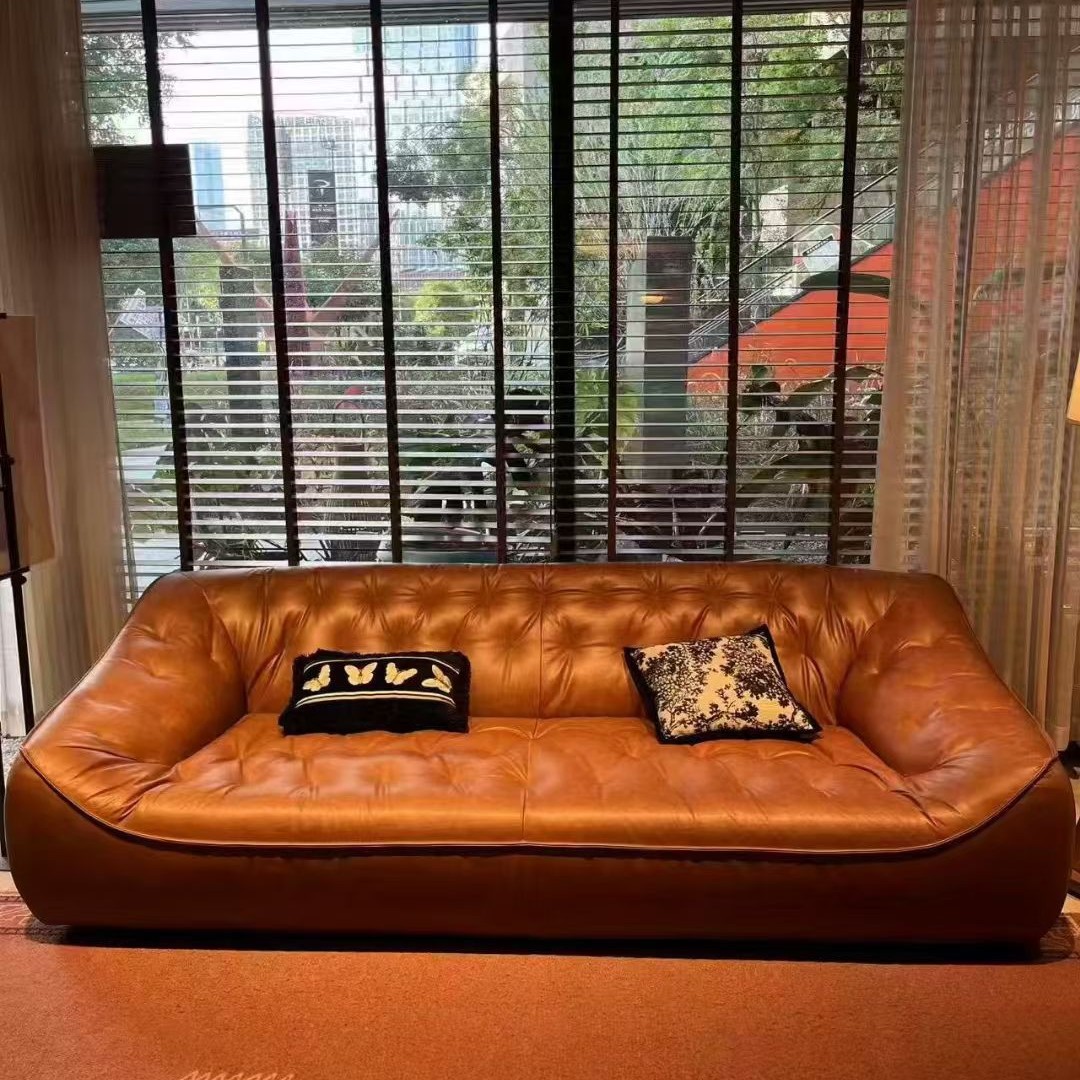 Bean Bag Sofa Retro Oil Wax Leather Mid-Century Style Designer Living Room Straight Three-Seater Light Luxury First-Layer Cowhide Sofa