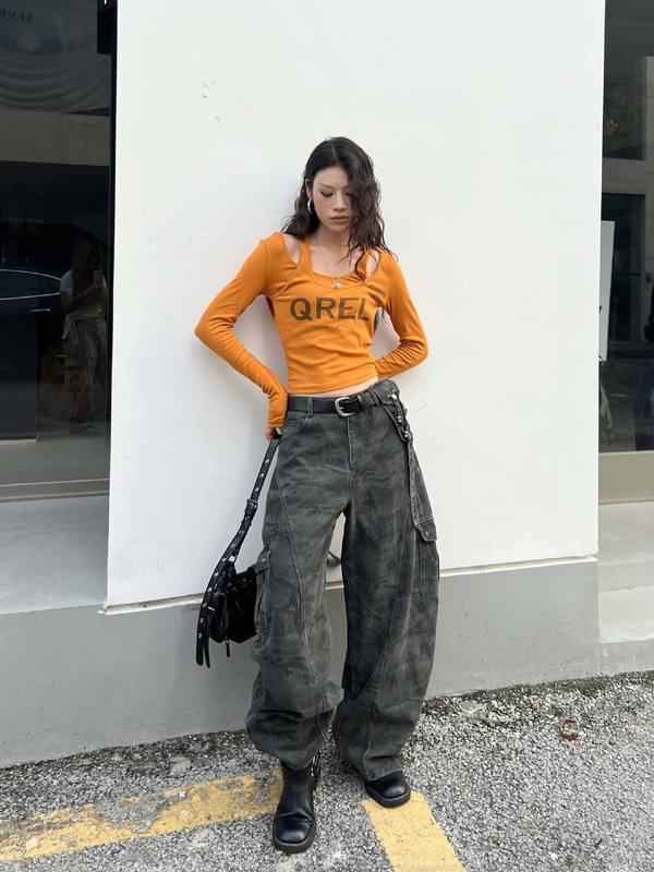 2025秋装新款美式复古假两件挂脖连帽上衣字母印花长袖T恤女56012|undefined