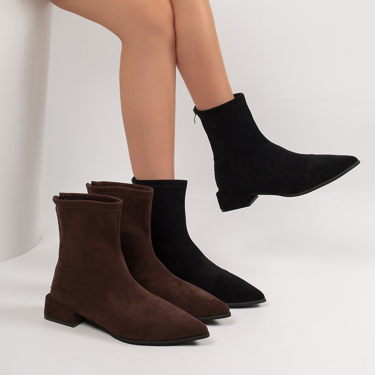 Botines Fruncidos de Punta para Mujer de Terciopelo, Talón Fino, Térmico, para Uso Diario
