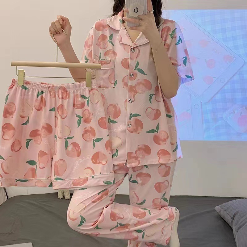 Pijamas de alta gama para mujer, conjunto de tres piezas con cárdigan a rayas de manga corta para verano, se puede usar en exteriores, conjunto de ropa para el hogar para primavera y otoño de 2025