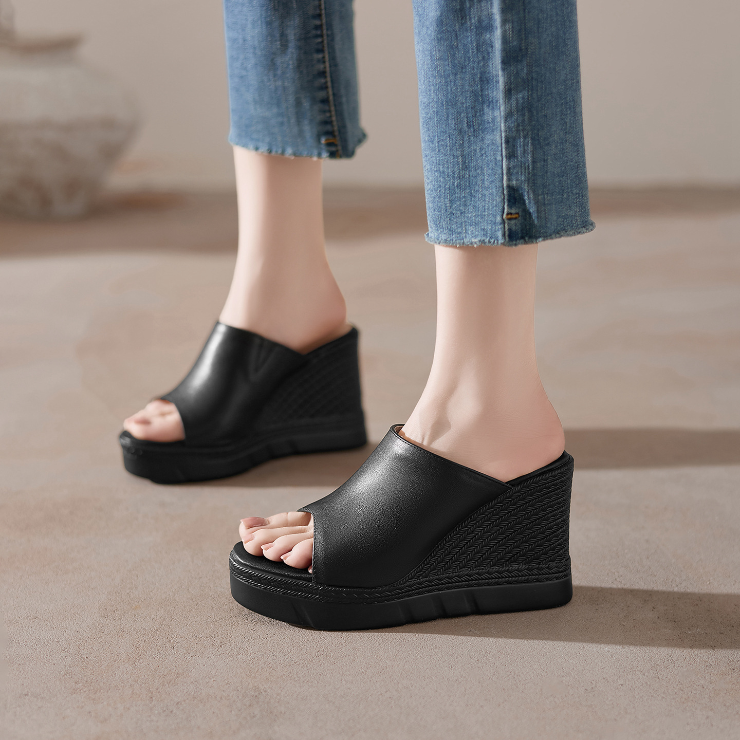 Sandal cao gót nữ hở mũi đế dày 10 cm — đen