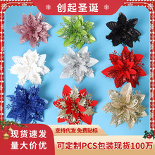 跨境专供圣诞布花圣诞装饰饰品仿真塑料金粉圣诞花厂家直供批发