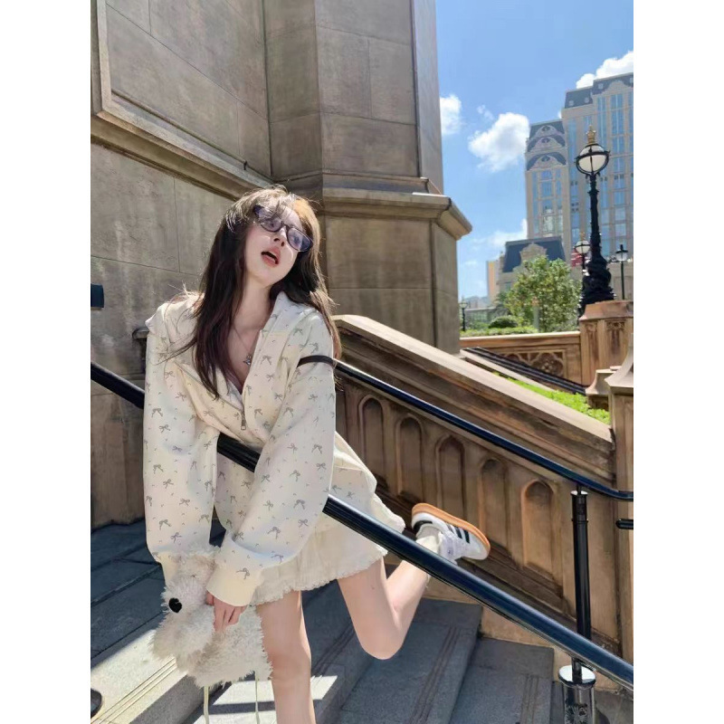 可爱蝴蝶结碎花连帽开衫卫衣女2025秋冬新款奶fufu百搭加绒外套|undefined