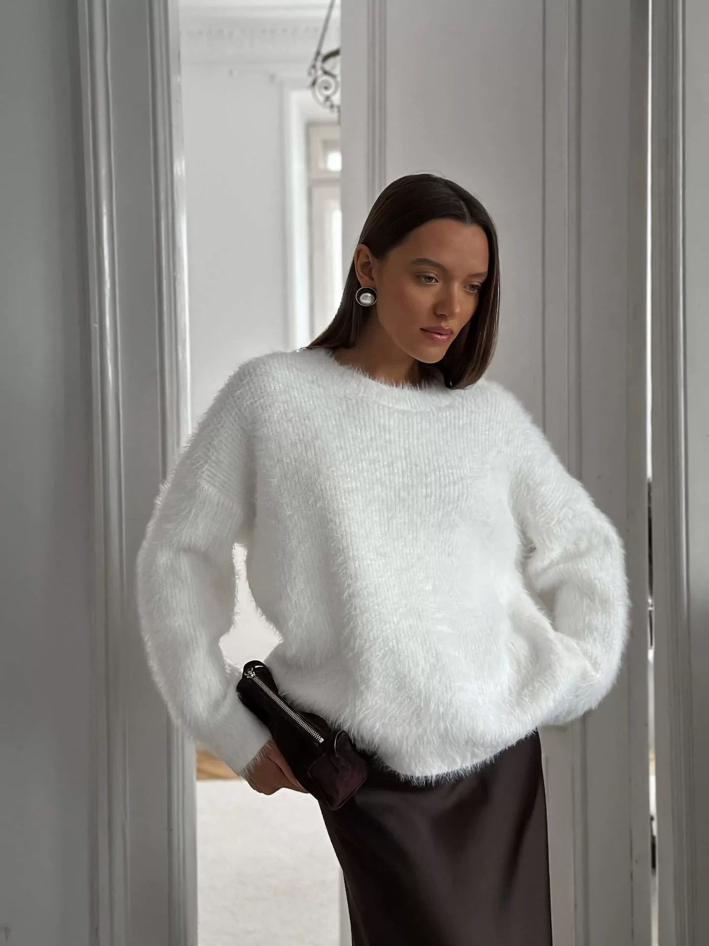 Демисезонный свитер с круглым воротом, тёплый длинный рукав, oversize