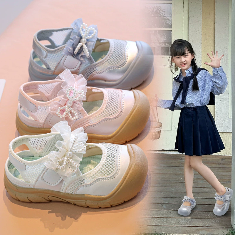 Детская обувь для девочек Мэри Джейн Спортивные сандалии Серебряный 2025 Летние девушки Корейский бант сетка повседневные сандалии