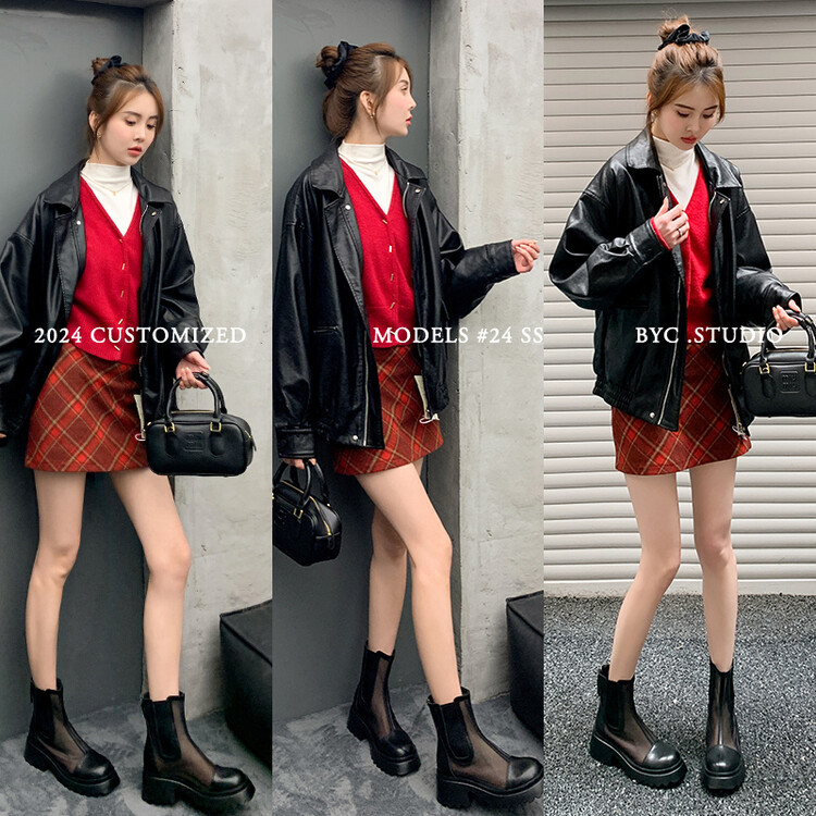 Boot ngắn nữ da bò mũi tròn đế dày thoáng khí khóa kéo sau — Màu đen, Màu mơ chi tiết 84