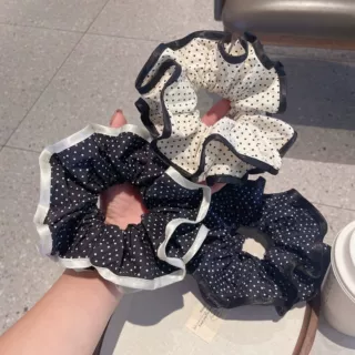 韩版小蛮腰波点拷边发圈大号双层花边扎发绳高级感丸子头马尾头花