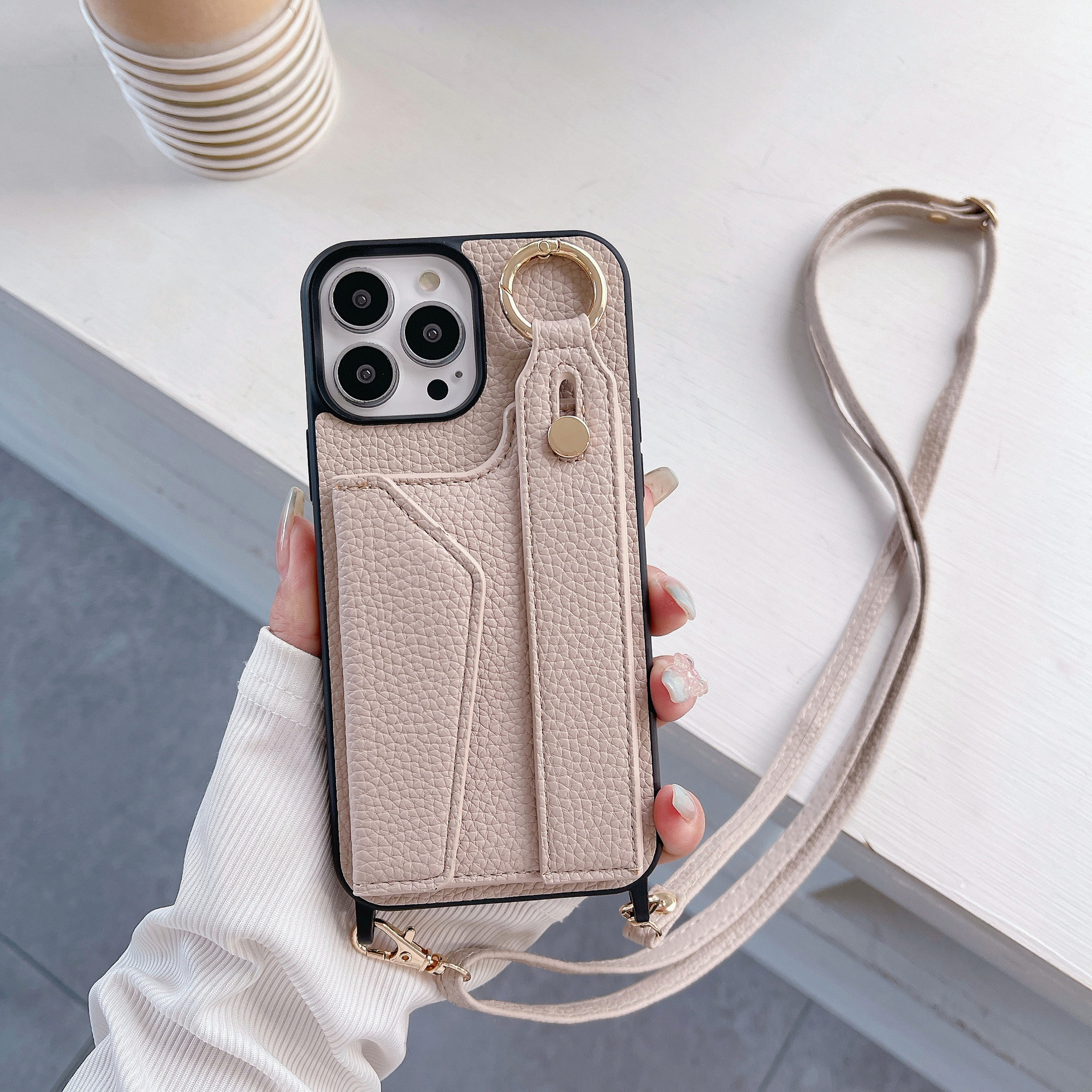 TechGlobe Suitable For IPhone 17 Pro Max Wrist Phone 12/13 Crossbody Shoulder Strap Card Slot Protective Leather Case_voghion.com