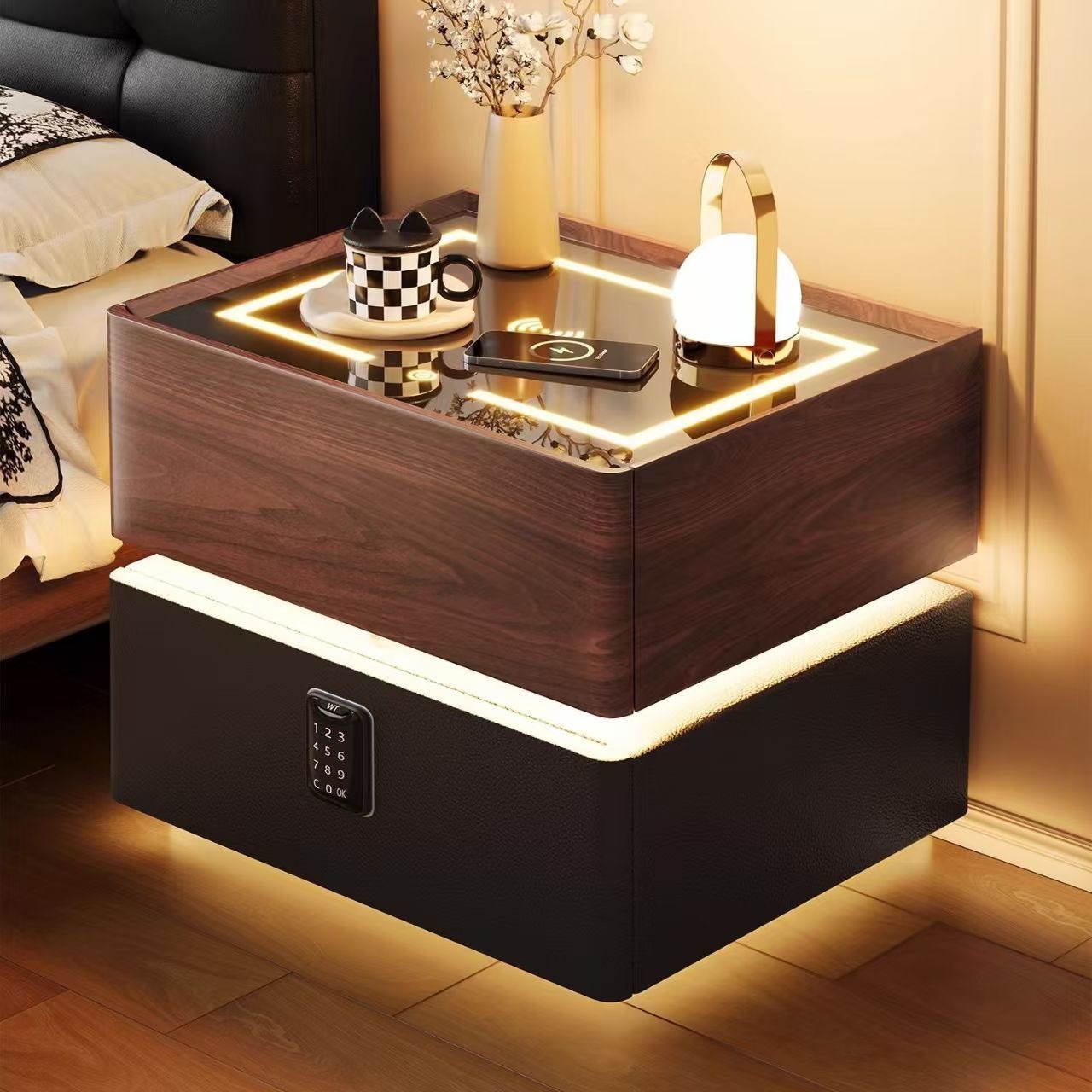 Smart Bedside Table for Home with Light Bedroom Mid-Century Style Solid Wood Walnut Bedside Table Italian Light Luxury Multi-Functional Cabinet