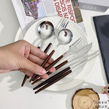 亚马逊木纹不锈钢刀叉勺高颜值餐厅西餐餐具套装甜品叉子咖啡小勺