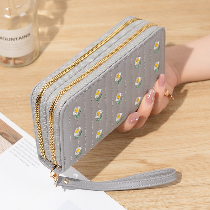 新型の女性の長いタイプの百合の双ファスナーの韓国版の学生の刺繍の大容量の携帯電話のカバンのハンドバッグの柔らかい小銭入れ|undefined