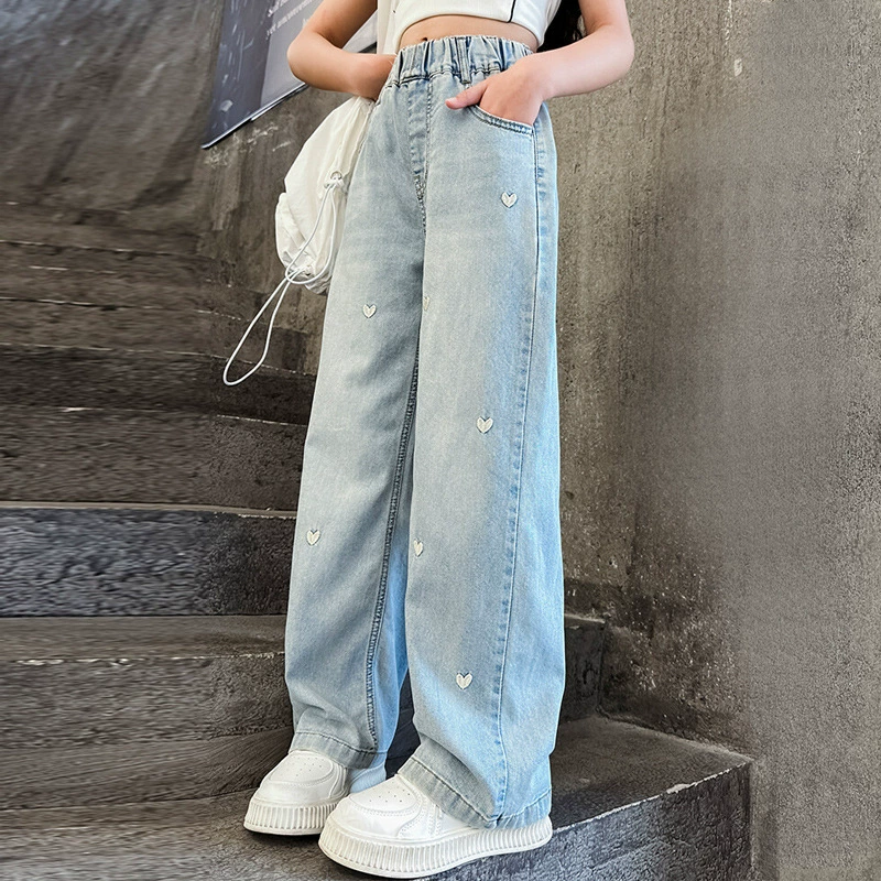 Summer Denim Trousers for Teen Girls, Loose Straight Fit, Thin Breathable Tencel Hearts
