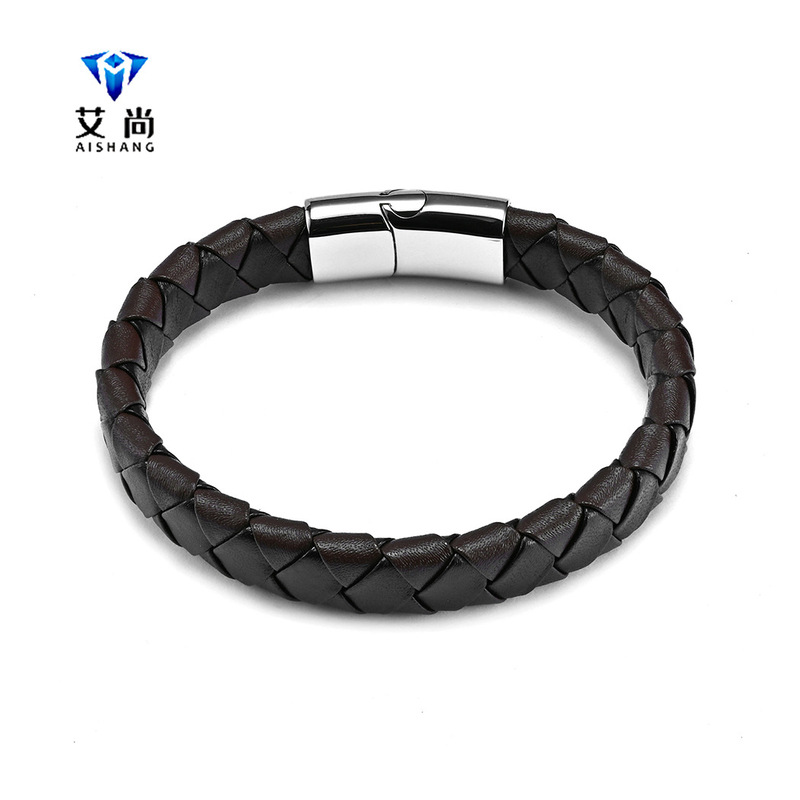 Cross-border Hot Selling Titanium Steel Men's Multi-strand Leather Woven Bracelet Personalized Retro Ethnic Stainless Steel Magnetic Buckle Bracelet