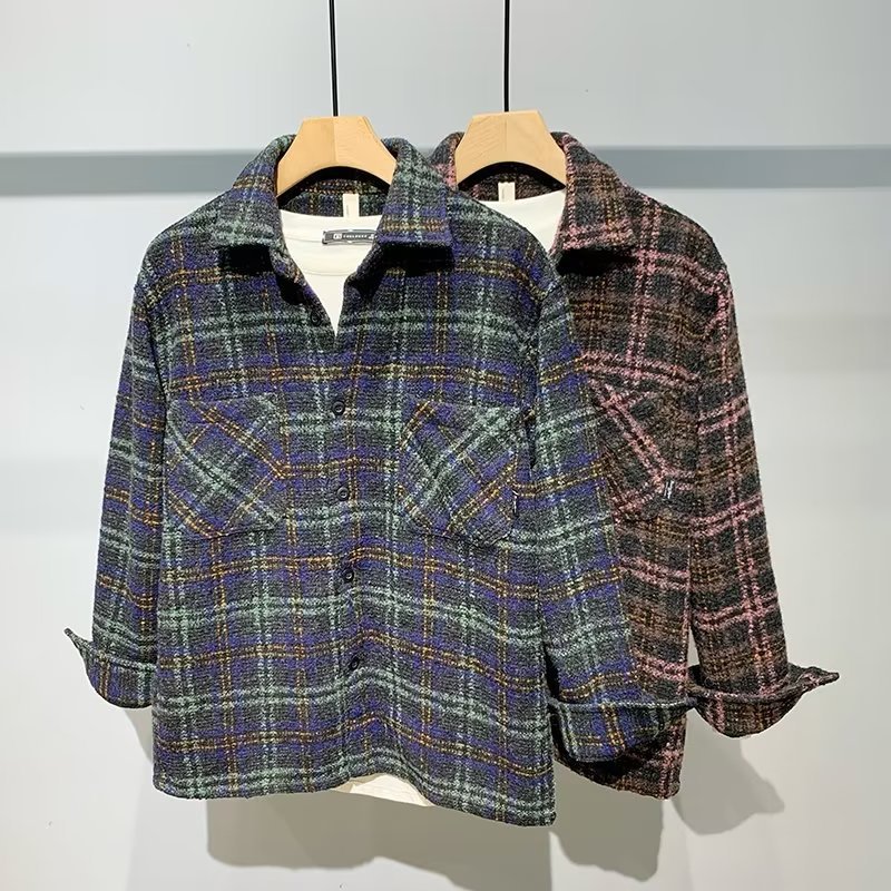 Japanische Retro-Jacke für Herren im High-End-Stil, neuer Herbst-Look, Chanel-inspiriertes Karohemd, Wolljacke, Trendmarke_voghion.com