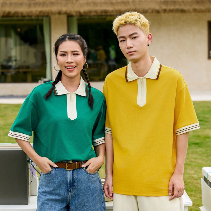Summer new 240G contrast lapel half zipper design pearl cotton polo shirt fashion brand business casual short sleeve