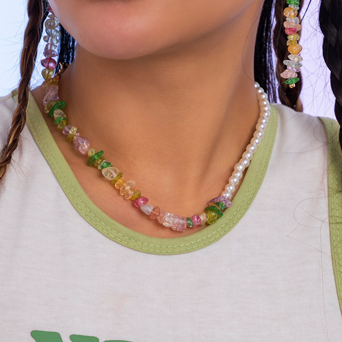 Ethnic Style Stitching Beaded chain Color Short Woven Pearl Necklace bracelet