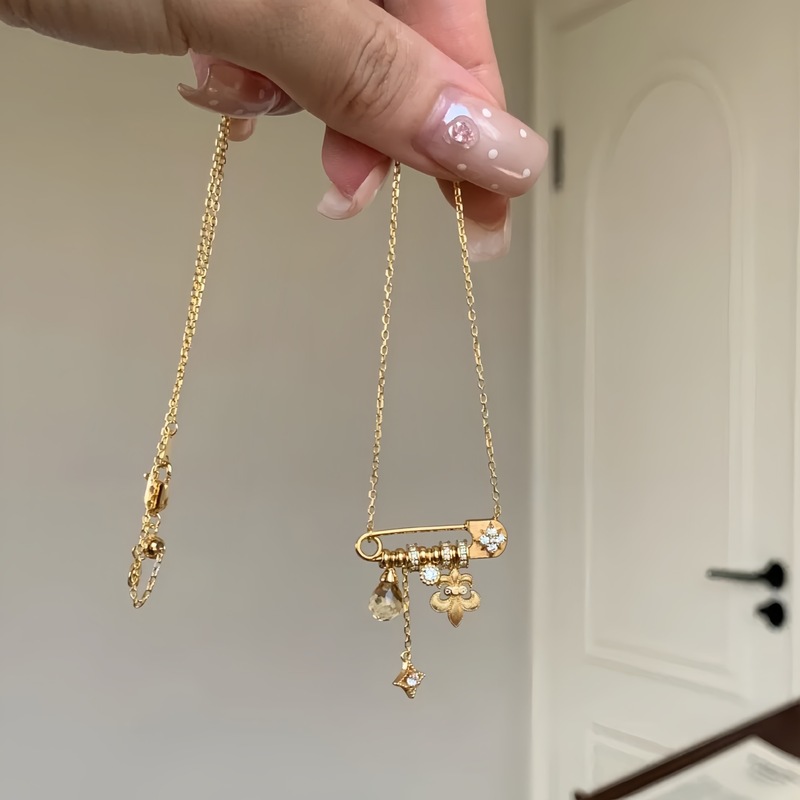 S925纯银中古拉丝鸢尾花星芒别针项链女轻奢小众设计高级感锁骨链|undefined