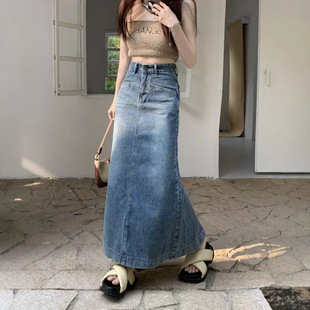 Plus Size Retro Denim Skirt for Women Spring & Fall 2025 New High Waist Cover Mid-Length Back Slit A-Line Skirt