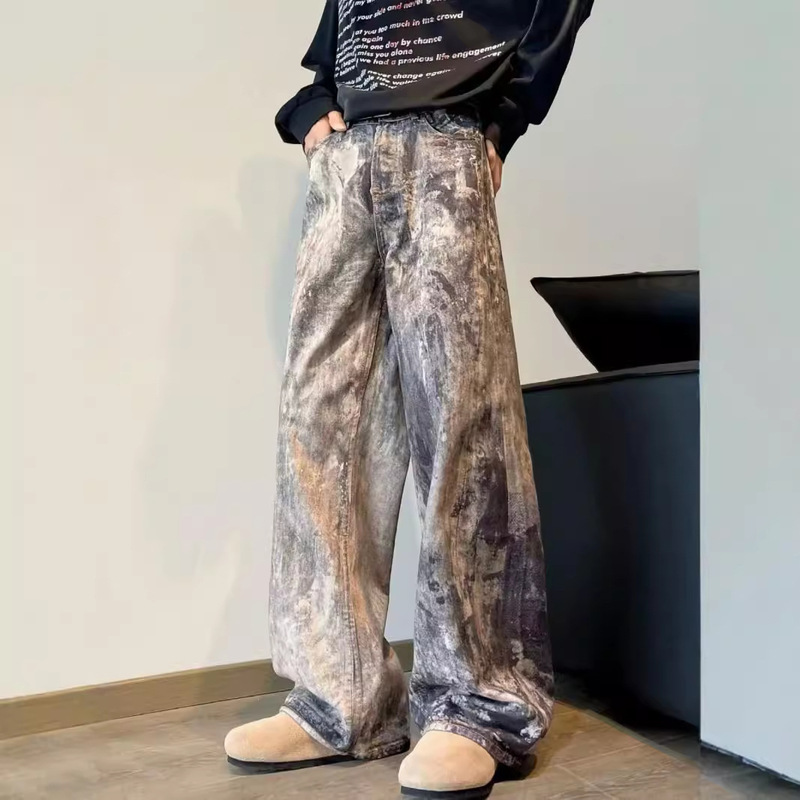 New 3D Digital Camouflage Splash Print Distressed Low-Waist Wide-Leg Denim Pants for Men and Women, One-Piece Drop-Shipping Cotton