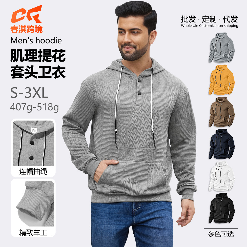 Nuevo transfronterizo Europa y América Amazon otoño y invierno hombre pesado botón de manga larga camisa encapuchada casual deportiva Jacquard