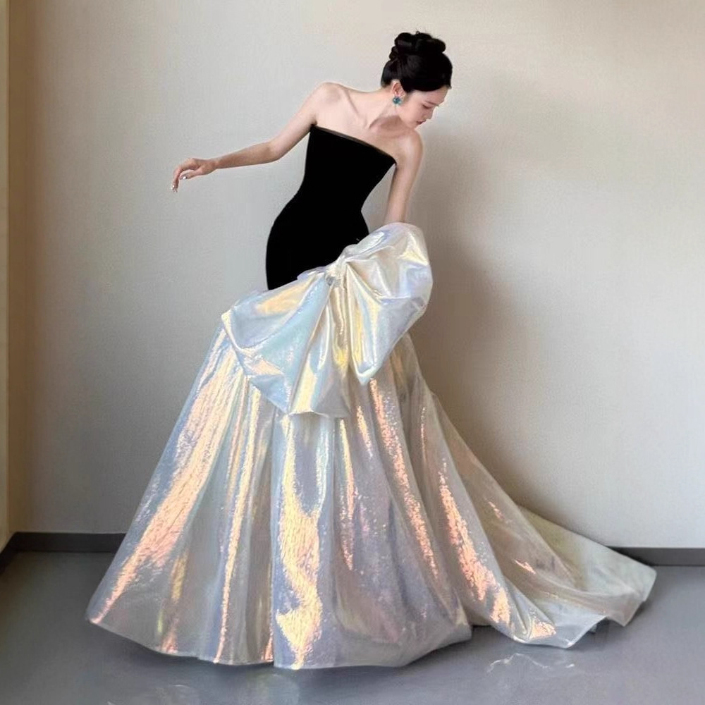 French-Style Strapless Mermaid Tail Shiny Small Train Gown Student Art Exam Host Evening Dress 2025