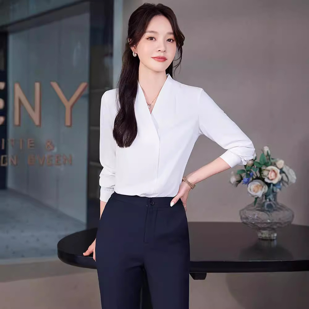 2024 새로운 화이트 칼라 긴 소매 셔츠 여성용 셔츠 전문 슬림 핏 작업 옷 플러스 사이즈 공식 셔츠