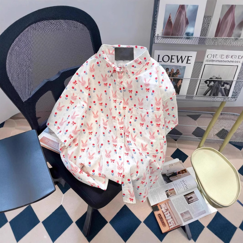 Japanese Style Sweet and Cute Rabbit Printed Shirt Women's Summer Milk Style Wear Short-sleeved Top for Young Women