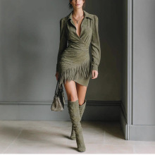 亚马逊爆款 跨境2025西部牛仔风麂皮流苏修身长袖连衣裙