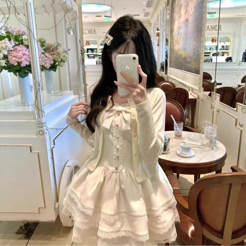 Sweet French Off-White Cardigan for Small People 2025 Autum White Fluffy Cake Dress Vest Dress Two-Piece Set