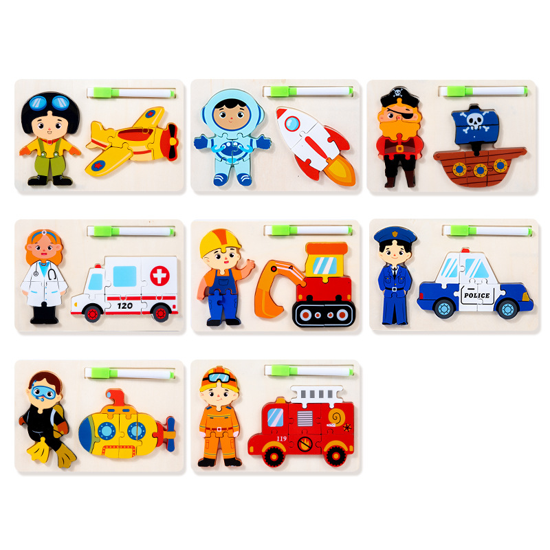 Puzzle de educación temprana para niños transfronterizos, personajes de captura a mano, tráfico profesional, rompecabezas 3D, tablero de dibujo, rompecabezas, juguetes de madera
