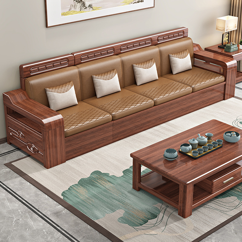 Walnut Solid Wood Sofa Living Room New Chinese Style Simple Combination Household Small Apartment Winter and Summer Dual-Use Storage Furniture