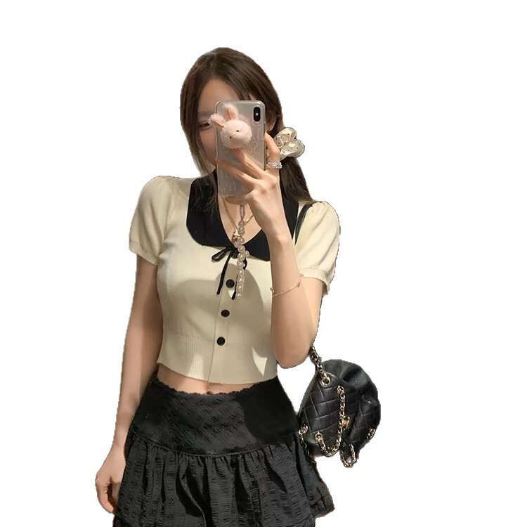 日本製ドールカラー半袖Tシャツ夏ショートセーターレースアップリボン年齢軽減スリムフィットトップ|undefined