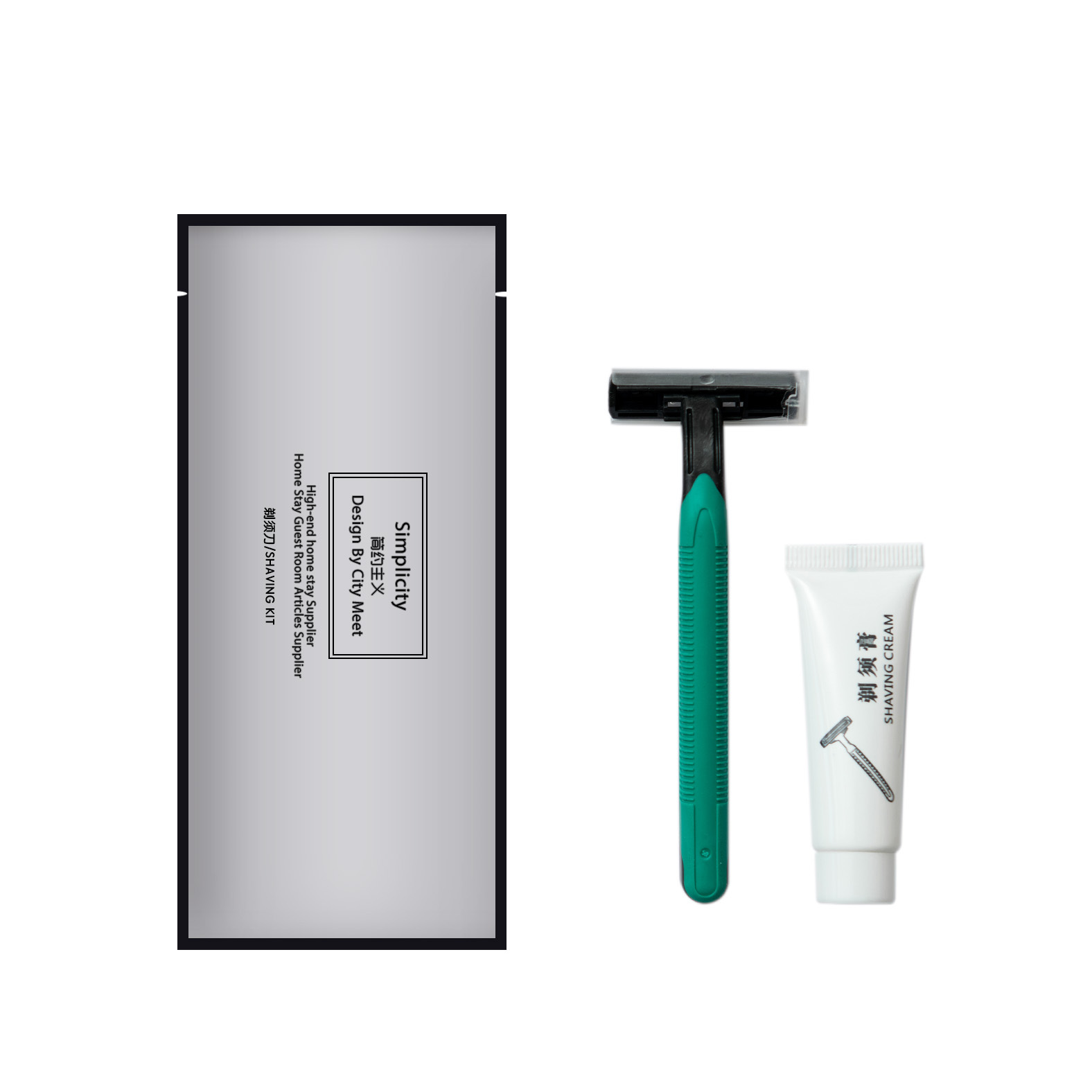 더블 복합 3 면 씰링 백 ~ 쉐이빙 세트 (포레스트 그린 더블 블레이드 면도기 + 10ml 쉐이빙 크림)