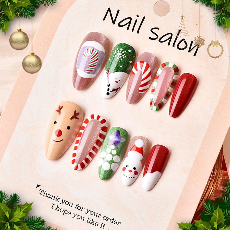24 Pieces of Cross-Border Christmas European and American Almond-Shaped Wearable Nails Painted Christmas Cartoon French Manicure Nails Wholesale