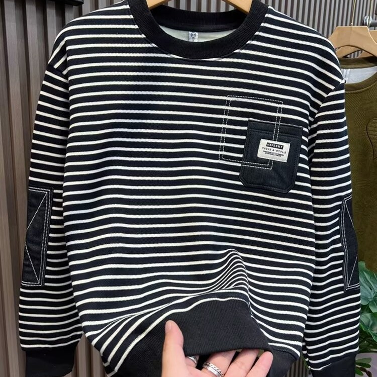 Sweat à capuche homme, T-shirt décontracté à manches longues, col rond rayé, coupe ample et polyvalente, idéal pour l'automne et l'hiver_voghion.com