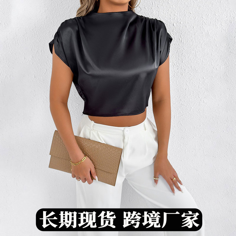 Women's Clothing European and American Style High-end Summer Foreign Trade Satin Shirt Fashion Satin Top Short-sleeved Shirt
