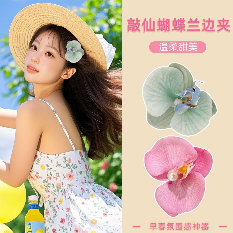 Butterfly Blue Edge clip para mujeres 2025 nuevo estilo de alto nivel flor lateral frange clip de pelo frente al mar clip de boca de pato clip de pelo toque