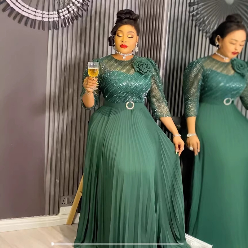 Plus Size Women's Dark Green Sequin Splicing Dress Fat mm Waist Slimming Look Stereo Flower Pleated Skirt Dress Plus Size Women's Dark Green Sequin Splicing Dress Fat mm Waist Slimming Look Stereo Flower Pleated Skirt Dress