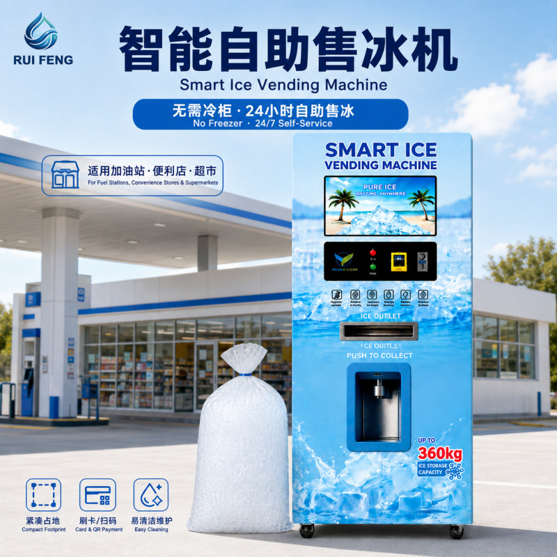 24H fully automatic ice cube vending machine with scanning technology, large capacity, commercial-grade, upright design, and bagged ice cubes, offering a self-service experience