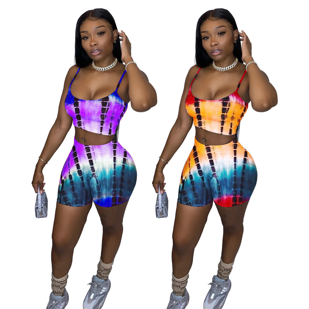 tie-dye printed suspenders suit two-piece set NSFZ61549