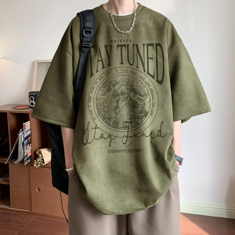 2025新款仿麂皮短袖男夏季新款美式重磅潮牌宽松半袖T恤五分袖潮|undefined