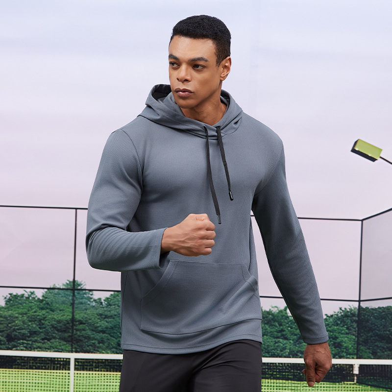Transfronterizo al aire libre sudadera con capuchón otoño invierno entrenamiento de carrera sudadera de fitness hombre cuello alto secado rápido mangas largas bolsillo canguro