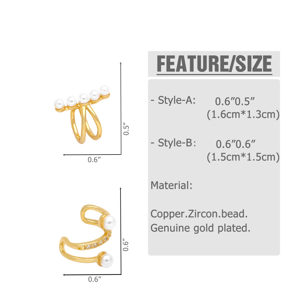 Fashion Geometric Copper Inlay Artificial Pearls Ear clips 1 Pair