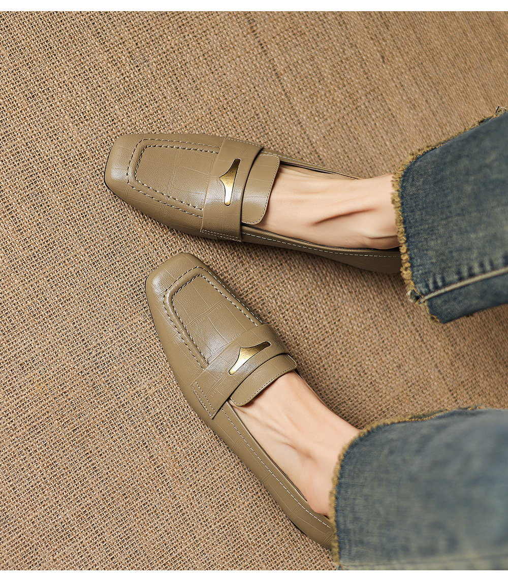 Giày loafer nữ da dê mũi vuông gót thấp kiểu cổ điển — đen chi tiết 5