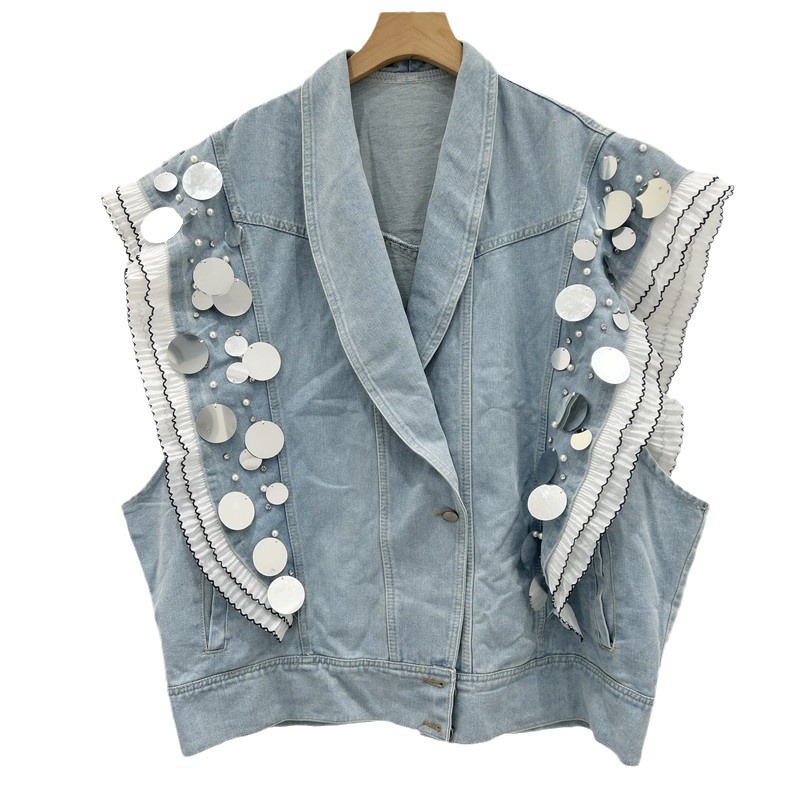 2024 industria pesada sequinilla borde de loto empalme cuentas de encaje sueltas versátiles lavado con agua jeans azul clip cardigan chaqueta