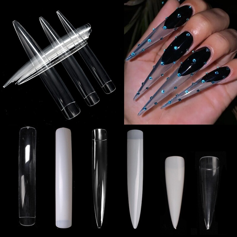 Extra-long salon nail tips, pointed square craft nail tips, display fake nail patches, extended pointed square nail tips for prototyping