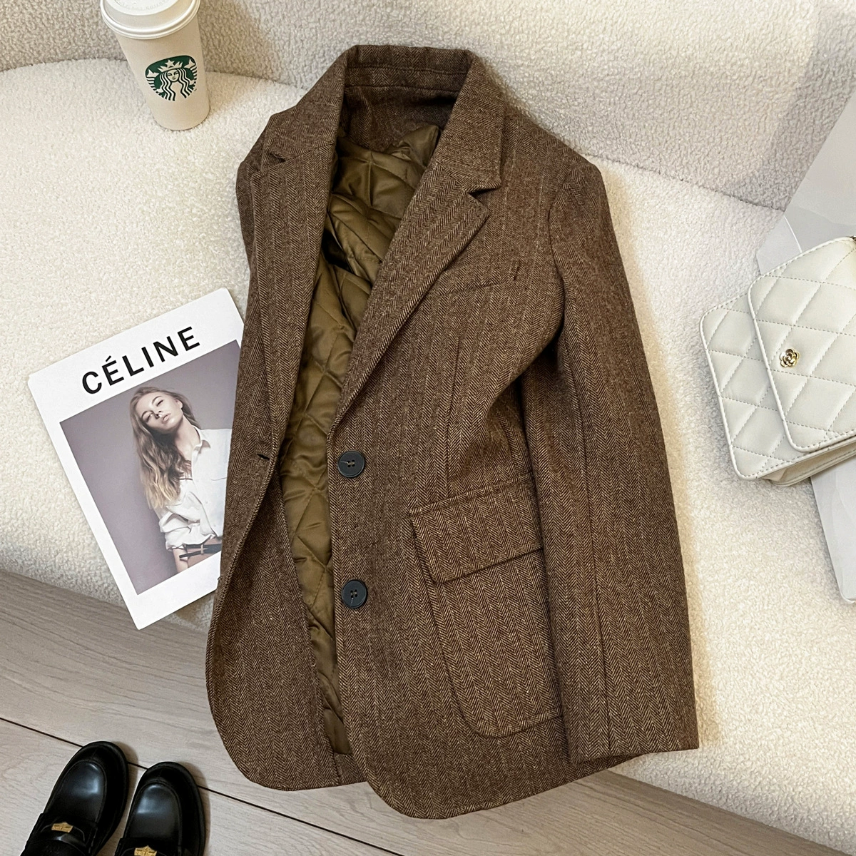 Winter retro quilted classic suit jacket, British style, oversize, increased thickness